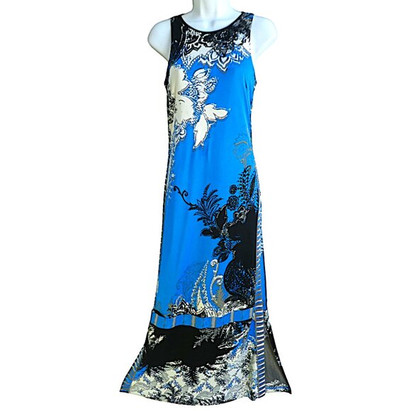 Elie Tahari Designer Maxi Tank Dress Jersey Knit Lined Stretch Side Slits  Floral